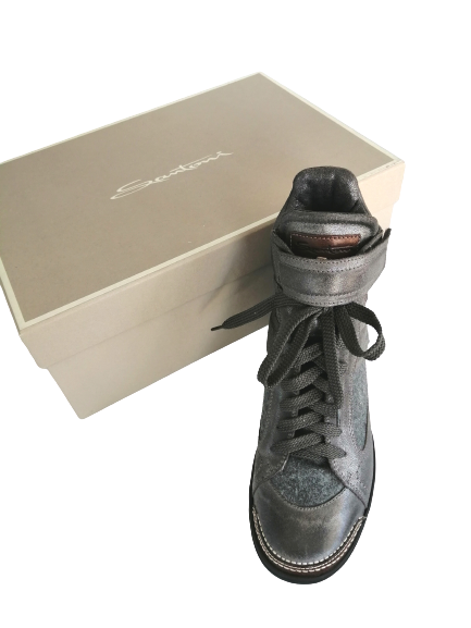Basket en cuir et lainage gris Santoni
